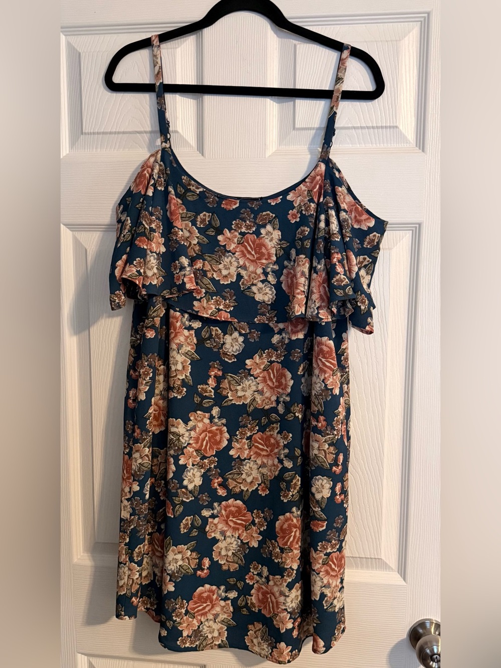 Teal Floral Cold-Shoulder Mini Dress with Ruffle Overlay